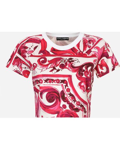 Dolce & Gabbana Cropped Majolica-print jersey T-shirt - Rosa