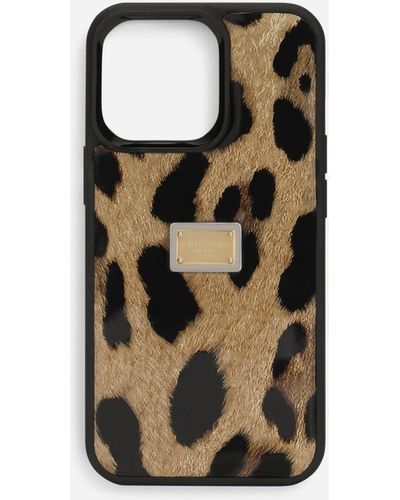 Dolce & Gabbana Cover für iPhone 14 Pro aus glänzendem Kalbsleder mit Leopardenmuster-Aufdruck - Weiß