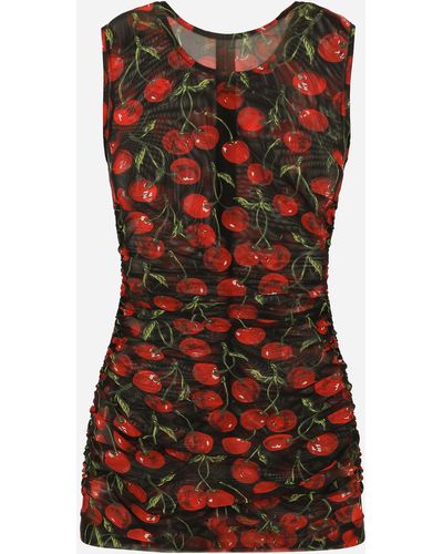 Dolce & Gabbana Sleeveless tulle top with cherry print and draping - Rosso
