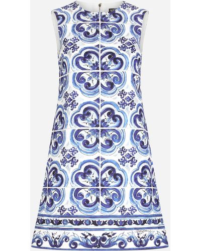 Dolce & Gabbana Vestido corto de brocado con estampado de mayólica - Azul