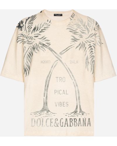 Dolce & Gabbana Kurzarm-T-Shirt aus Baumwolle Bananenbaum-Print - Natur
