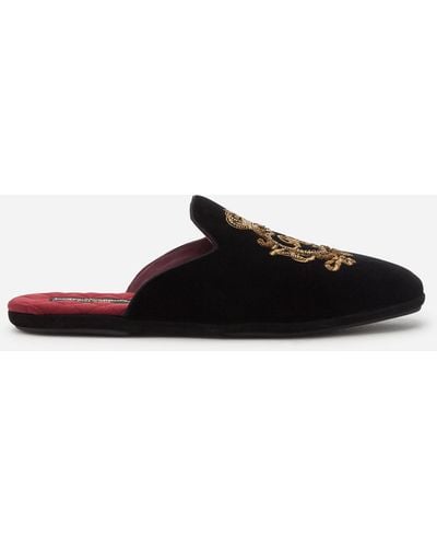 Dolce & Gabbana Velvet Slippers With Coat Of Arms Embroidery - Black