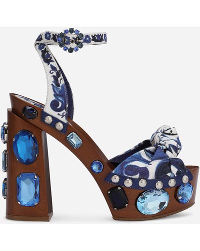 Dolce & Gabbana Majolica-print Canvas Wedge Sandals With Gemstones - Multicolor