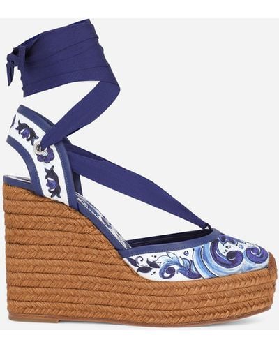 Dolce & Gabbana Rope-soled Wedges In Printed Brocade Fabric - Blue