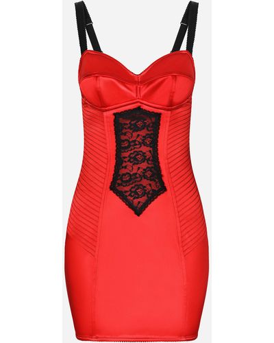 Dolce & Gabbana Kurzes Kleid aus Satin mit Detail aus Spitze - Rot