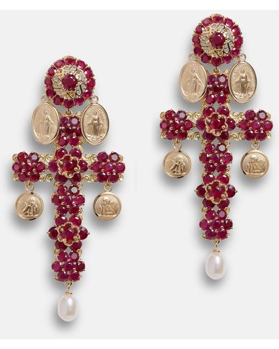 Dolce & Gabbana Family Yellow Gold Cross Pendant Earrings With Rubies - Metallic