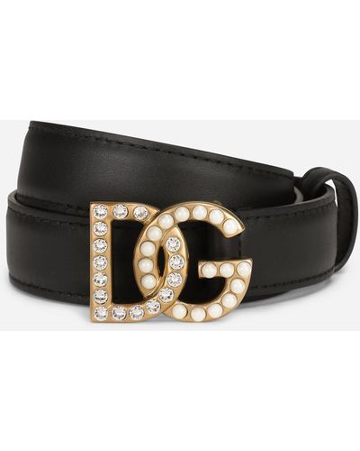 Dolce & Gabbana Cintura in pelle di vitello con logo DG strass e perle - Nero