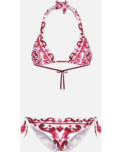 Dolce & Gabbana Bikini de triángulo acolchado con estampado Maiolica - Rojo