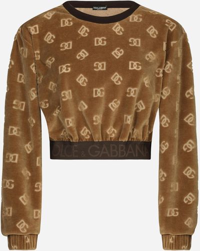 Dolce & Gabbana Short Chenille Sweatshirt With Jacquard Dg Logo - Brown