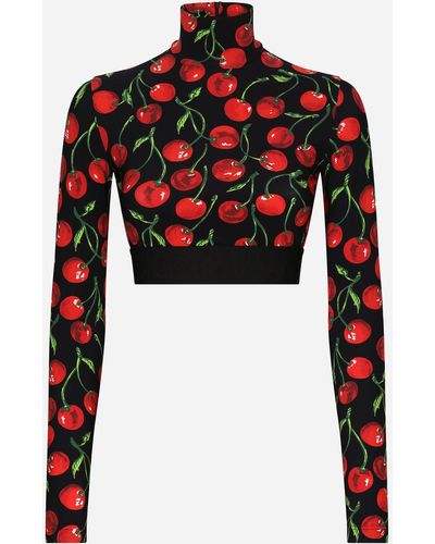 Dolce & Gabbana Cherry-print Technical Jersey Turtle-neck Top With Branded Elastic - Red