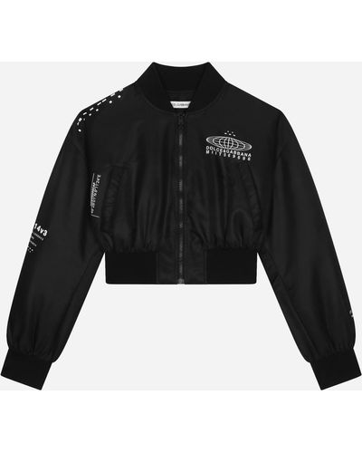 Dolce & Gabbana Short Satin Bomber Jacket With Dg Vib3 Print - Black