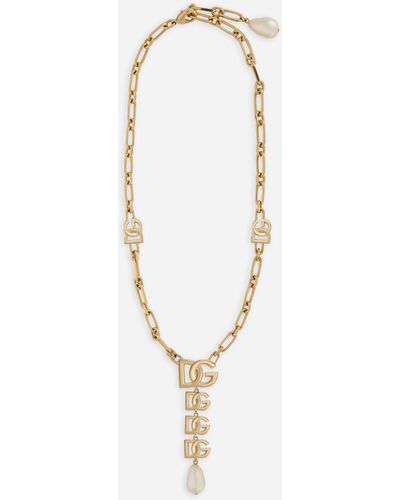 Dolce & Gabbana Halskette mit DG-Logoanhänger und Perle - Mettallic