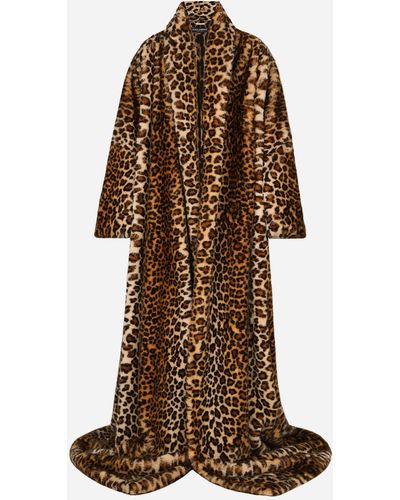 Dolce & Gabbana Langer Mantel aus Kunstfell mit Leopardenmuster-Aufdruck - Braun