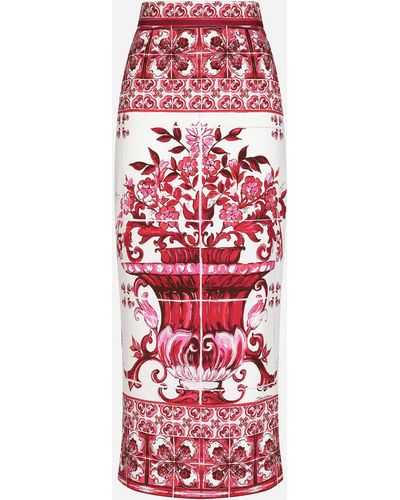 Dolce & Gabbana Majolica-print Charmeuse Calf-length Skirt - Red