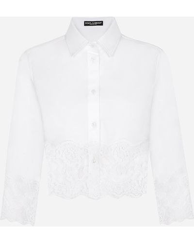 Dolce & Gabbana Kurze Bluse aus Popeline mit Einsätzen aus Spitze - Weiß