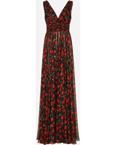 Dolce & Gabbana Vestido largo de chifón con estampado de cerezas - Morado