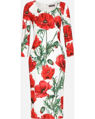 Dolce & Gabbana Vestido midi de charmeuse con estampado de amapolas - Rojo
