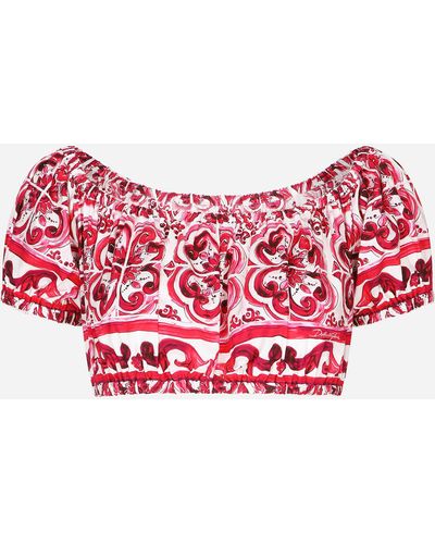 Dolce & Gabbana Kurzes Oberteil aus Popeline Majolika-Print - Rot