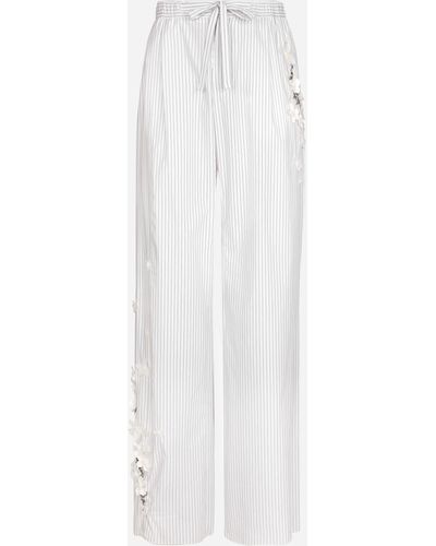 Dolce & Gabbana Pantalone in popeline rigato con ricamo - Bianco