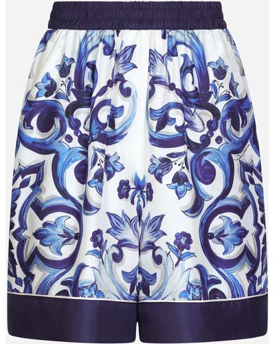 Dolce & Gabbana Short de pyjama en sergé à imprimé majoliques - Bleu