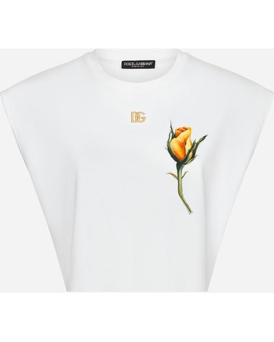 Dolce & Gabbana Cropped-T-Shirt aus Jersey mit DG-Logo und Rosen-Stickpatch - Weiß