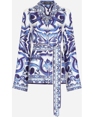 Dolce & Gabbana Pyjamabluse aus Twill Majolika-Print - Blau