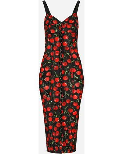 Dolce & Gabbana Cherry-print stretch calf-length corset dress - Rosso