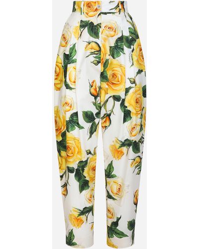 Dolce & Gabbana High-waisted Cotton Trousers With Yellow Rose Print - Metallic