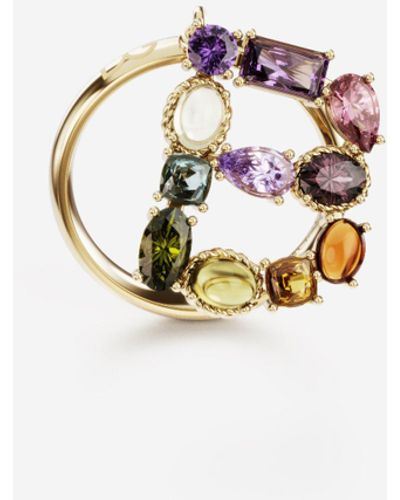 Dolce & Gabbana Rainbow Alphabet B Ring In Yellow Gold With Multicolour Fine Gems