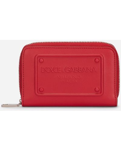 Dolce & Gabbana Small zip-around wallet in calfskin with raised logo - Rosso