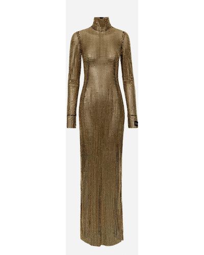 Dolce & Gabbana Langes Kleid mit Thermostrass-Stickerei allover auf Tüll - Natur