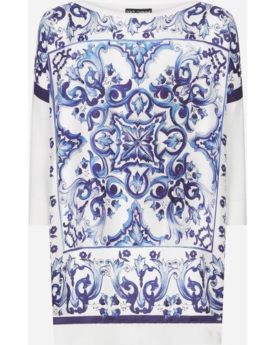 Dolce & Gabbana Rundhalspullover Aus Seidentwill Mit Majolika-Print - Blau