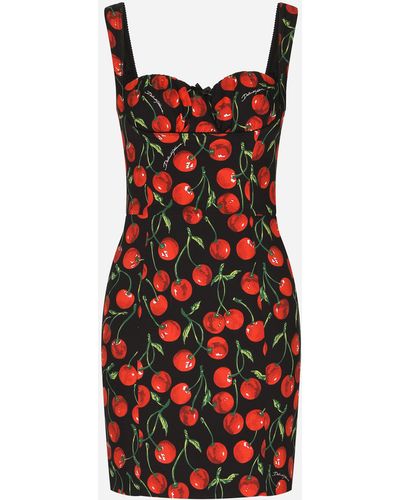 Dolce & Gabbana Kurzes Kleid aus Charmeuse Kirschenprint - Rot