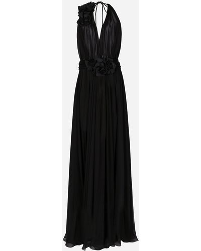 Dolce & Gabbana Long Silk Chiffon Dress With Floral Appliqué - Black