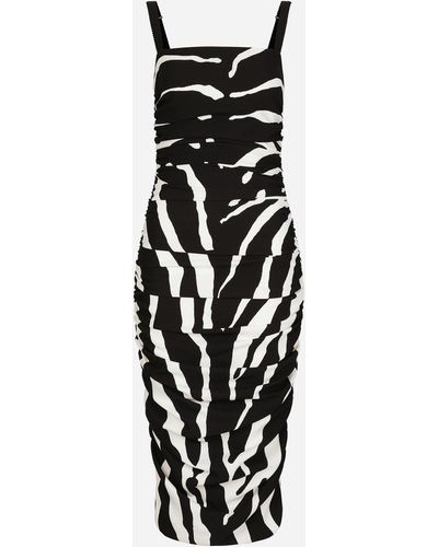 Dolce & Gabbana Zebra-print Cady Calf-length Dress With Draping - White
