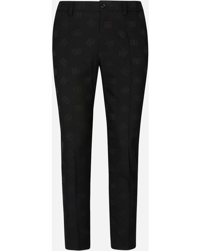 Dolce & Gabbana Stretch Wool Jacquard Trousers With Dg Monogram Design - Black