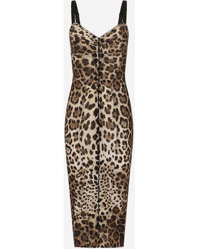 Dolce & Gabbana Leopard-print Satin Midi Corset Dress - Brown