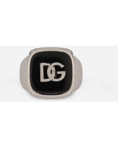 Dolce & Gabbana Ring With Enameled Accent And Dg Logo - Black
