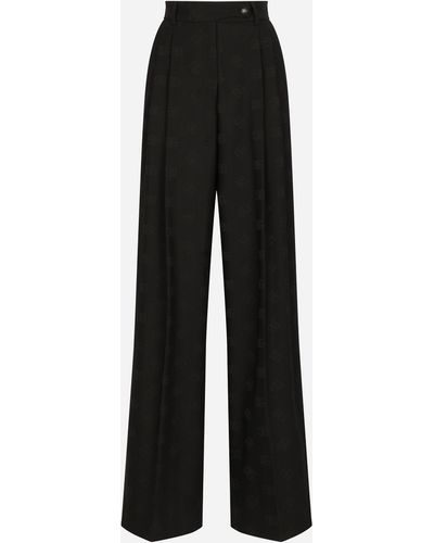 Dolce & Gabbana Flared Wool Jacquard Trousers With Dg Logo - Black