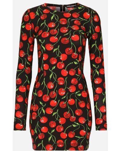 Dolce & Gabbana Short long-sleeved jersey dress with cherry print - Rosso