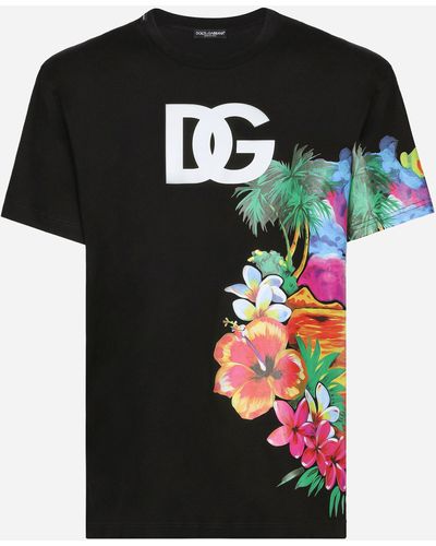 Dolce & Gabbana Cotton Round-neck T-shirt With Hawaiian Print - Black