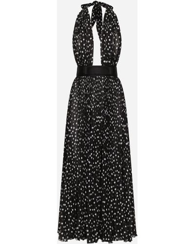 Dolce & Gabbana Vestido longuette escotado de chifón con estampado de lunares - Negro