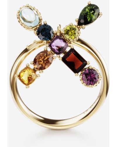 Dolce & Gabbana Rainbow alphabet X ring in yellow gold with multicolor fine gems - Metálico
