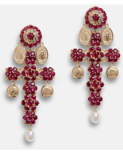 Dolce & Gabbana Family yellow gold cross pendant earrings with rubies - Metallizzato