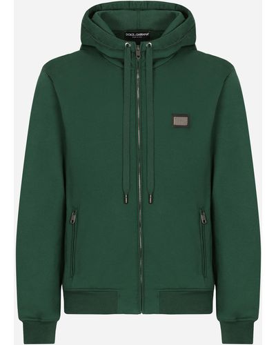 Dolce & Gabbana Sweat-shirt en jersey à capuche, fermeture zippée et plaquette à logo - Verde