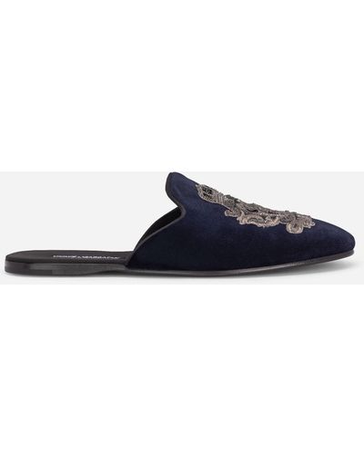 Dolce & Gabbana Velvet Slippers With Coat Of Arms Embroidery - White