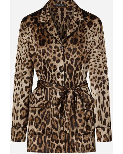 Dolce & Gabbana Leopard-print Satin Pajama Shirt With Belt - Brown