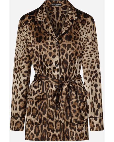 Dolce & Gabbana Bluse Aus Stretch-seide Mit Leopardenprint Und Gürtel - Braun