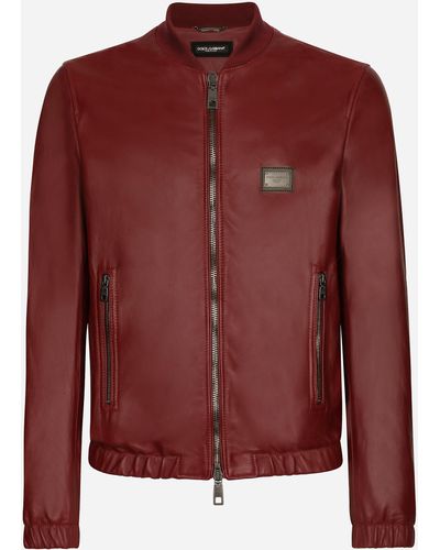 Dolce & Gabbana Blouson en cuir avec plaquette à logo - Rouge