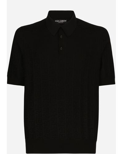 Dolce & Gabbana Pull polo en soie jacquard à logo DG - Noir